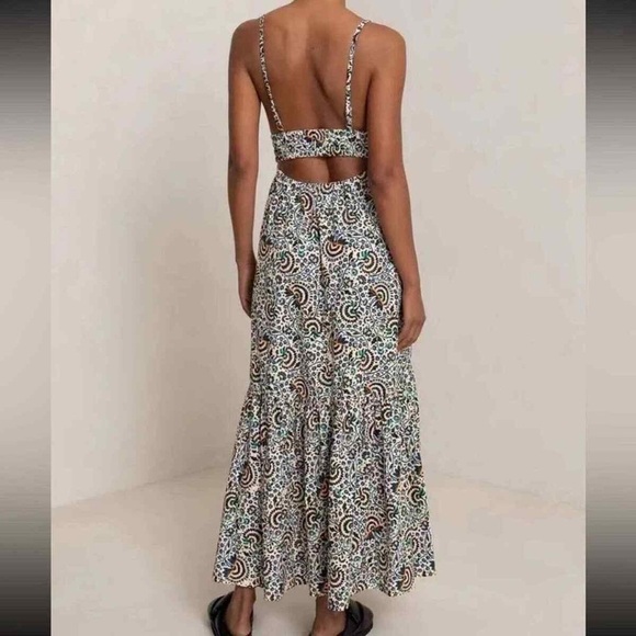 ALC Rhodes Printed Cotton Poplin Tiered Midi Dress 4 Multicolor Open Back - Picture 2 of 14